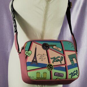 Karl Lagerfeld Paris Print Crossbody Bag Pink Multicolor Adjustable Strap